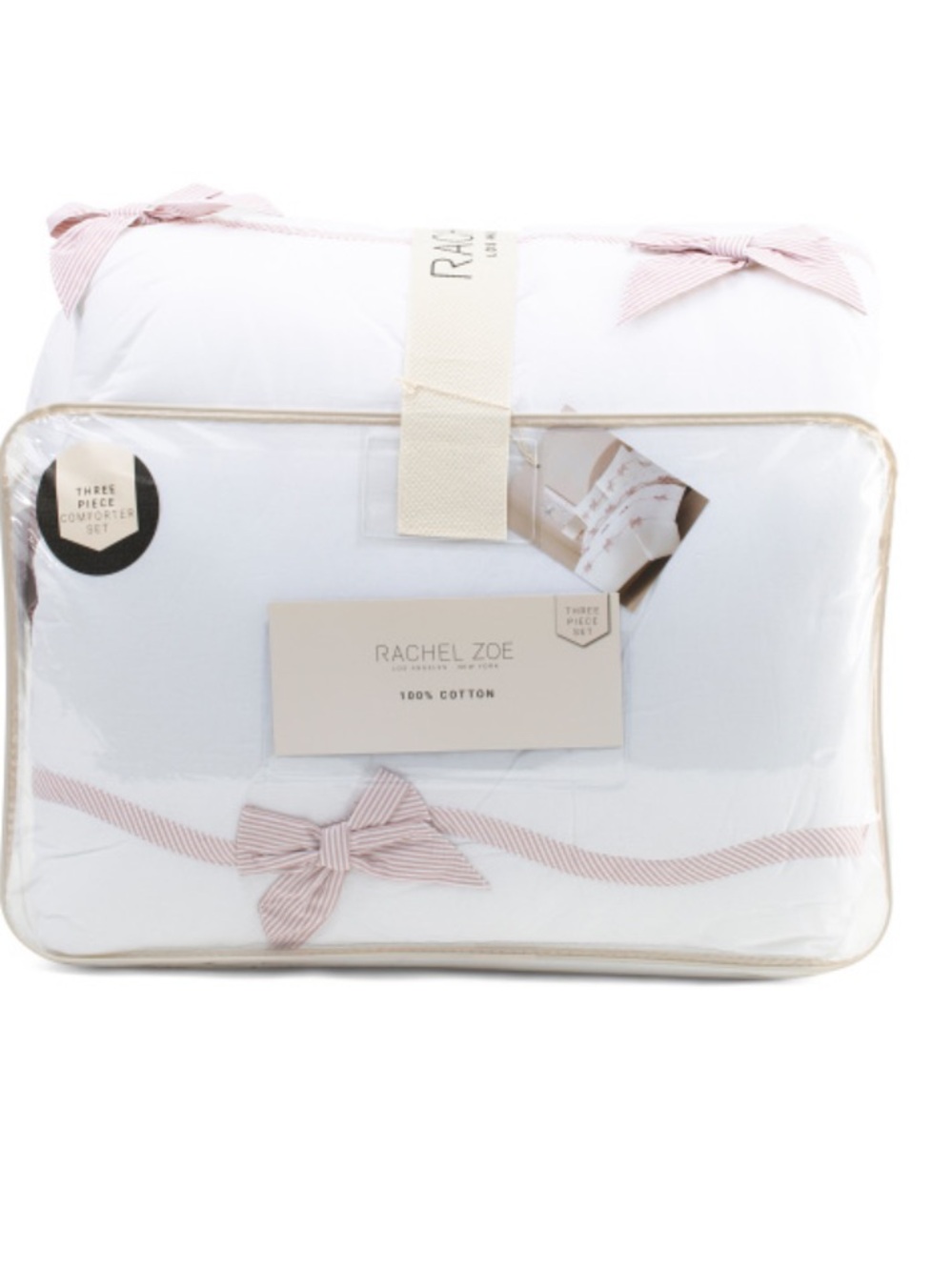 Rachel Zoe White Cotton Comforter Set with Blush Ribbon Detail
